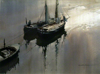 A water colour painting  showing boats at their moorings at the end of the day.