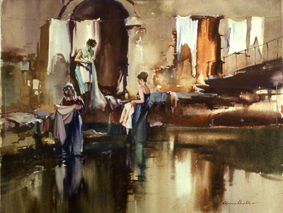 A water colour by Claude Buckle showing ladies washing