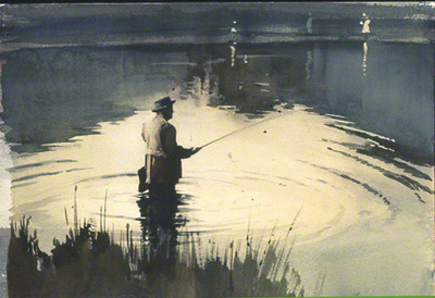 water colour of a fisherman standing in a river. 