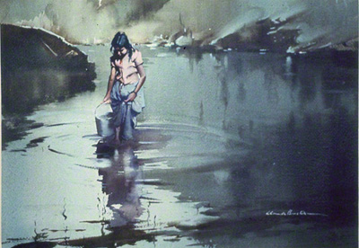 water colour of girl in river by Claude Buckle