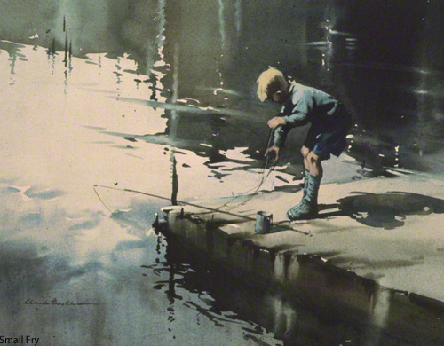 Small Fry A watercolour by the artist Claude Buckle showing a small boy fishing from a jetty entitled Small 		       	    Fry